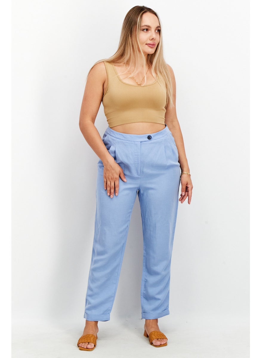 Women Regular Fit Plain Pleated Trouser, Light Blue