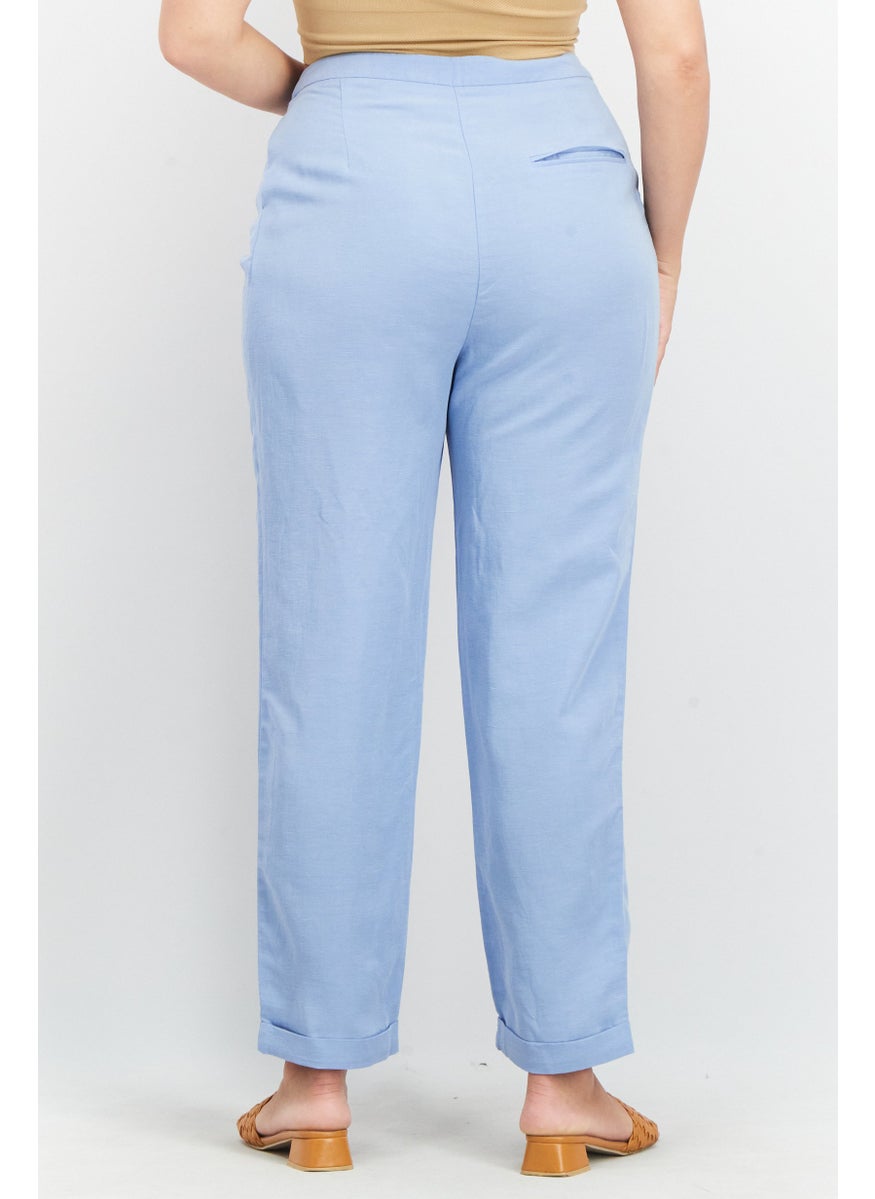 Women Regular Fit Plain Pleated Trouser, Light Blue