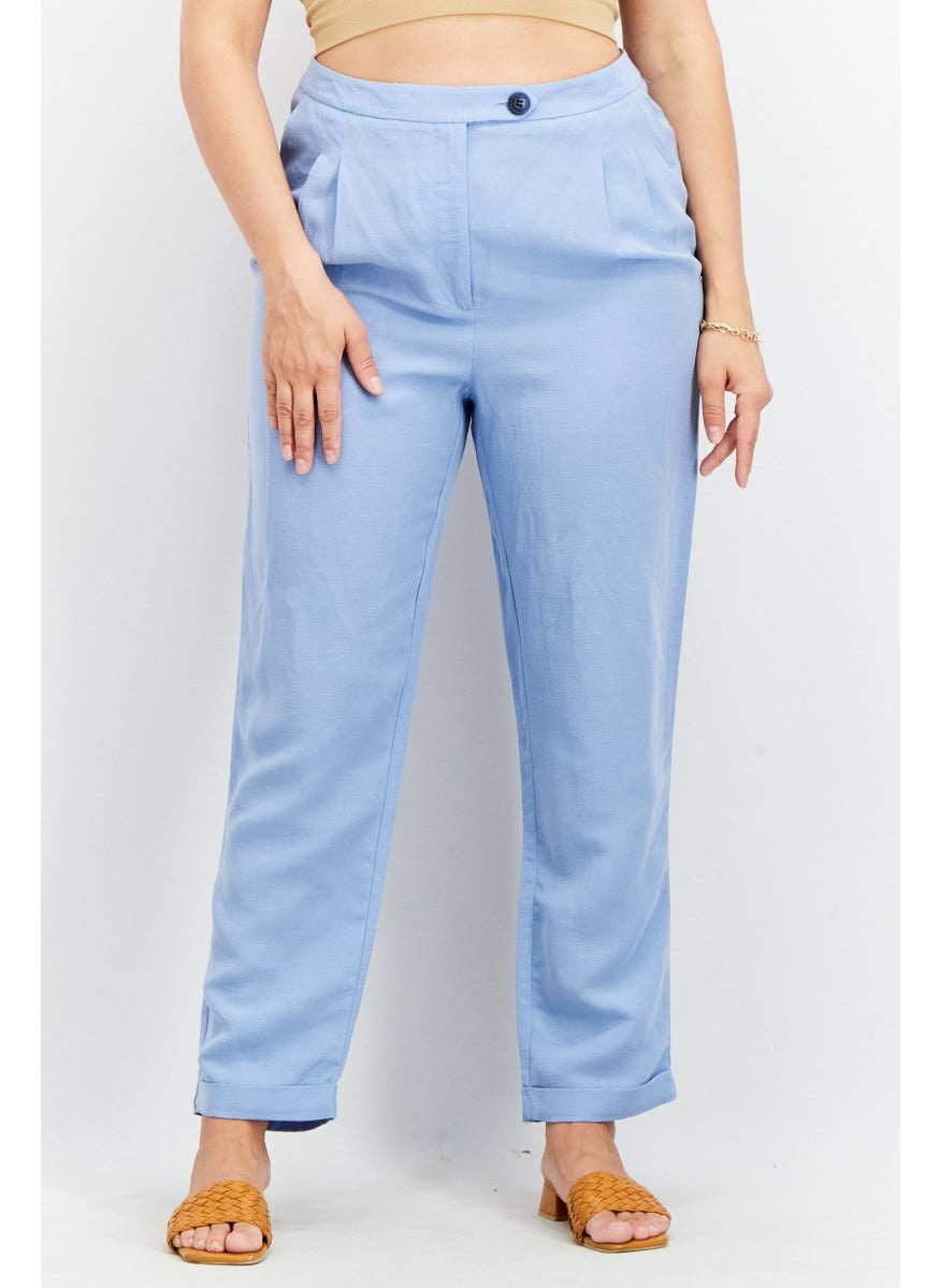 Women Regular Fit Plain Pleated Trouser, Light Blue