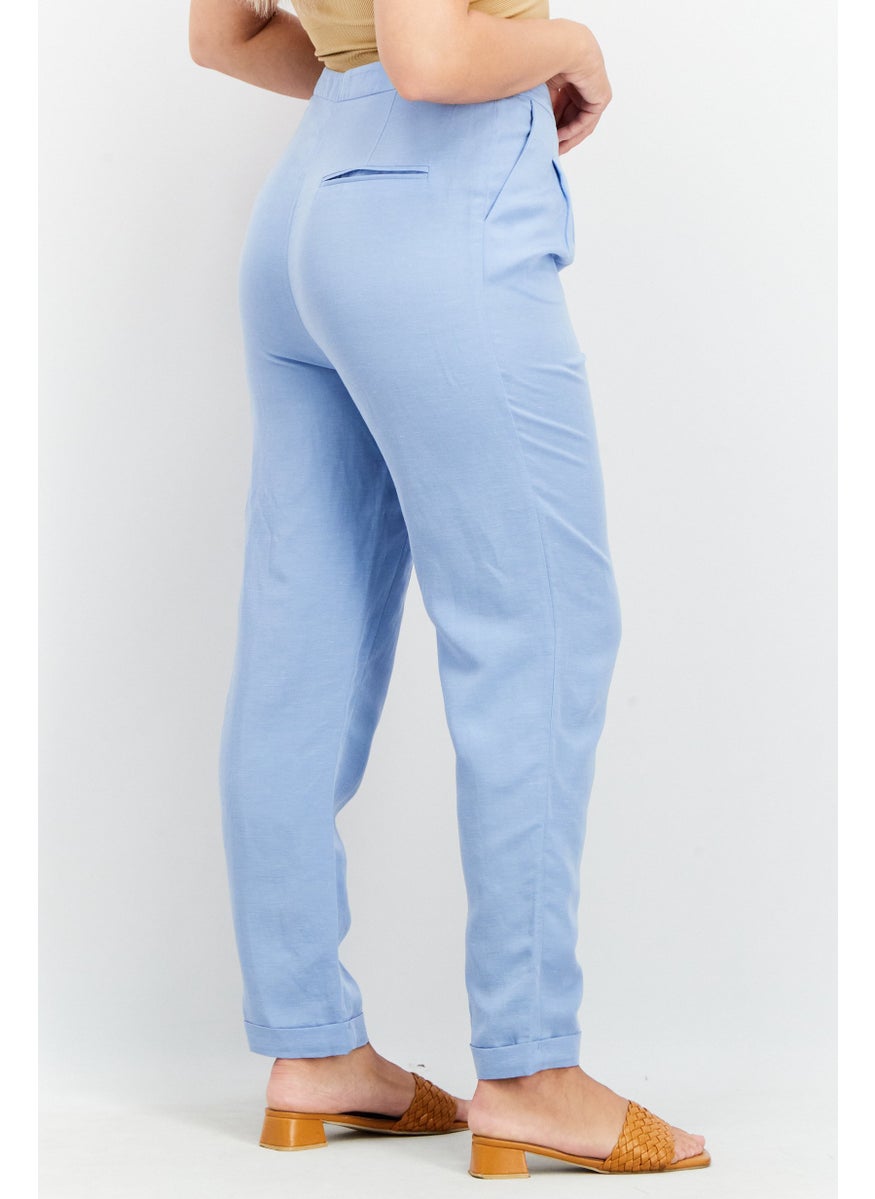 Women Regular Fit Plain Pleated Trouser, Light Blue