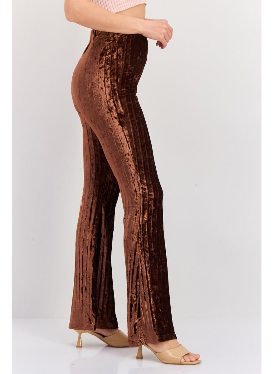 Women Velvet Pleated Flare Pants, Brown