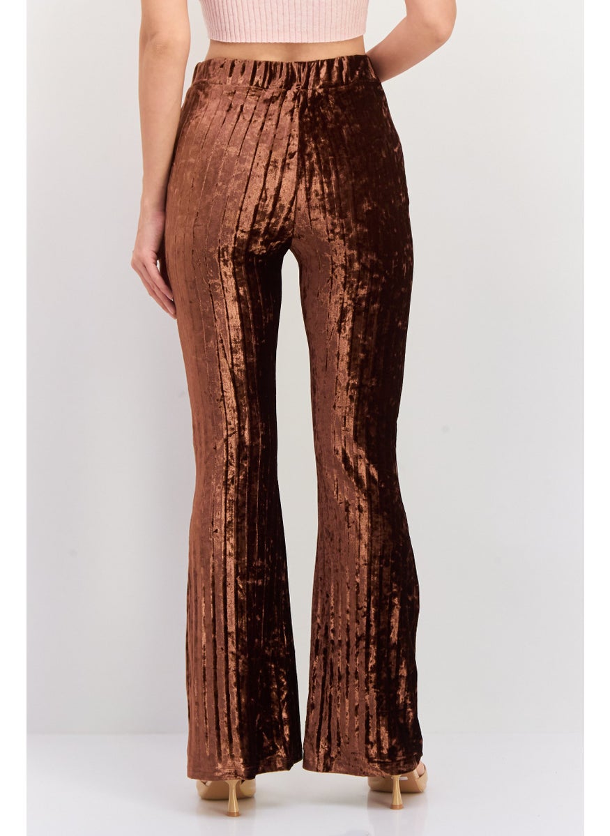 Women Velvet Pleated Flare Pants, Brown