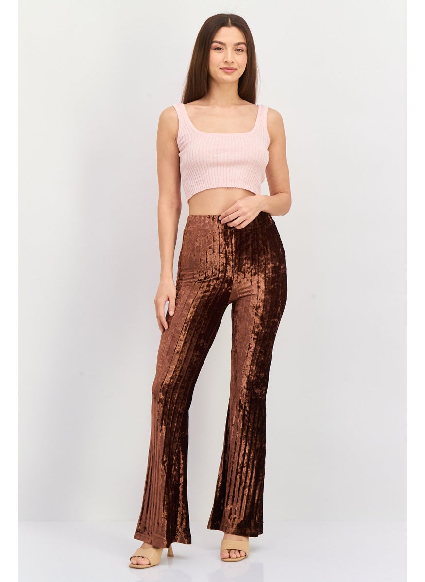 Women Velvet Pleated Flare Pants, Brown