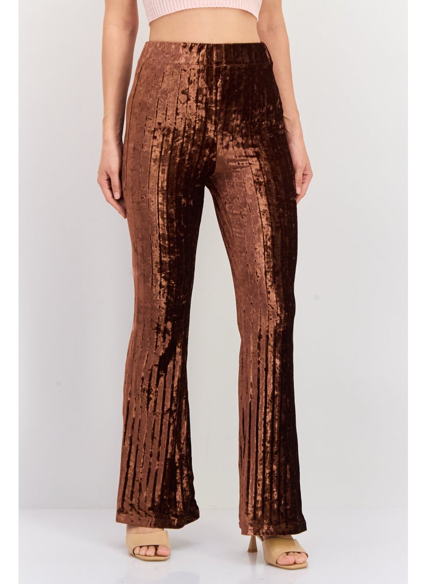 Women Velvet Pleated Flare Pants, Brown