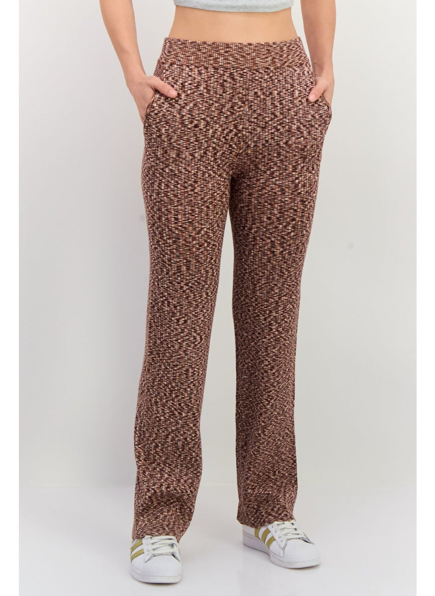 Women Regular Fit Textured Straight Leg Pants, Brown Combo