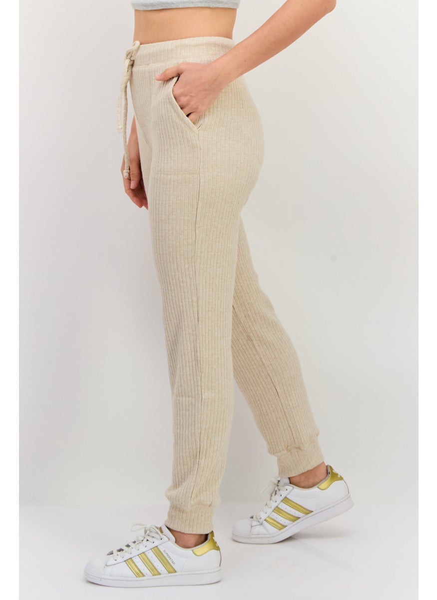 Women Regular Fit Ribbed Jogger Pants, Beige