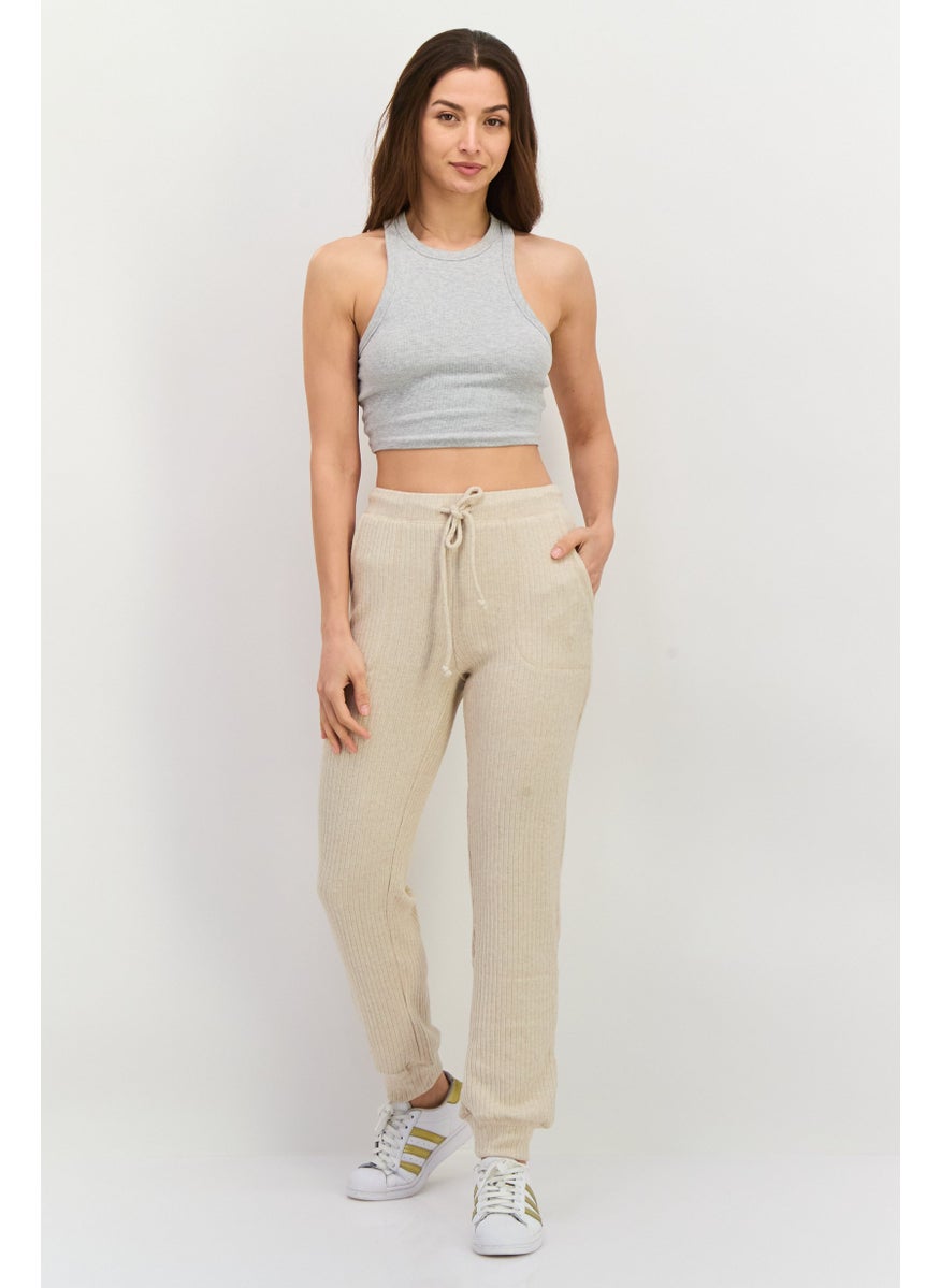 Women Regular Fit Ribbed Jogger Pants, Beige