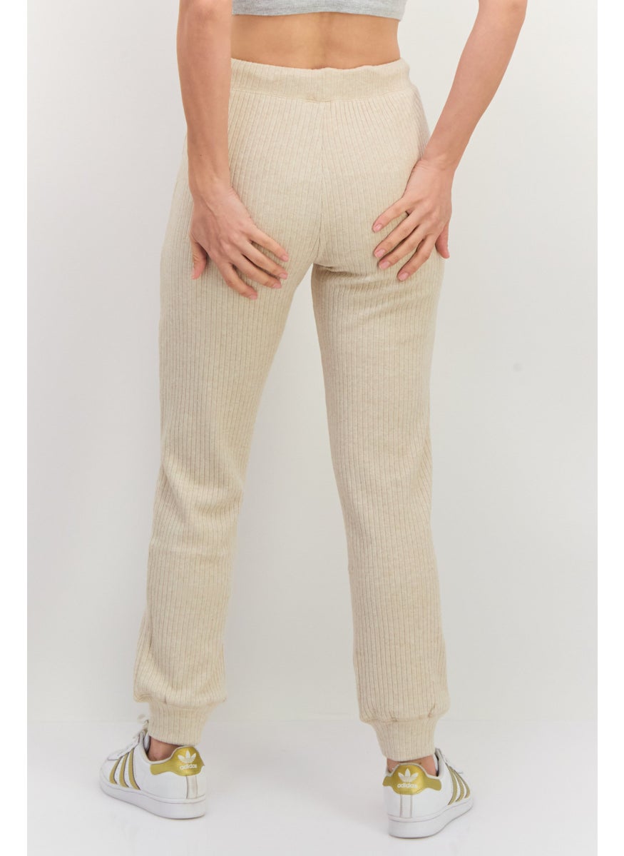 Women Regular Fit Ribbed Jogger Pants, Beige