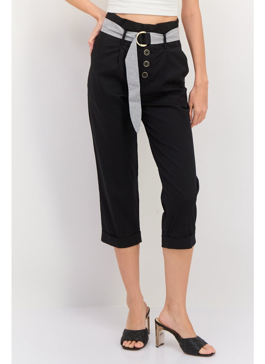 Women Regular Fit Solid Capri Pants, Black