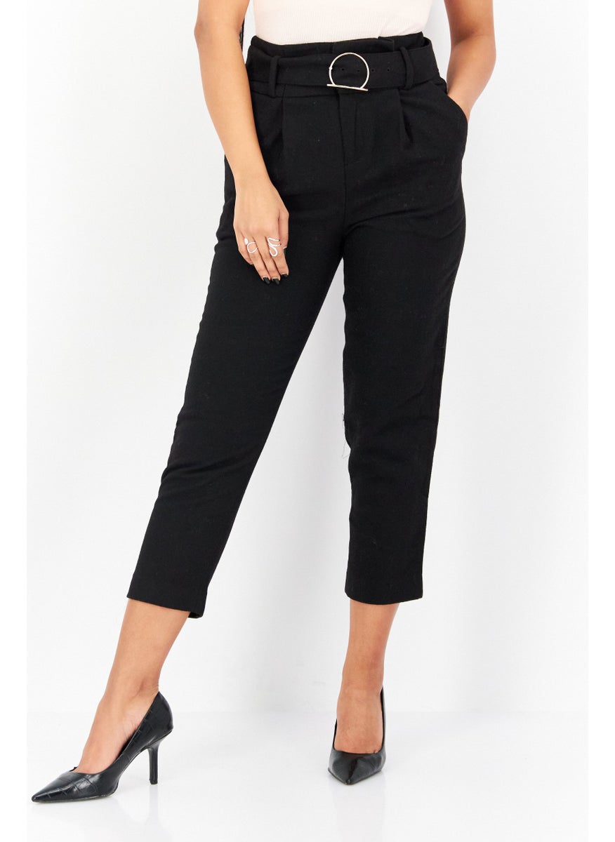 Women  Plain Belted Straight Leg Pant, Black