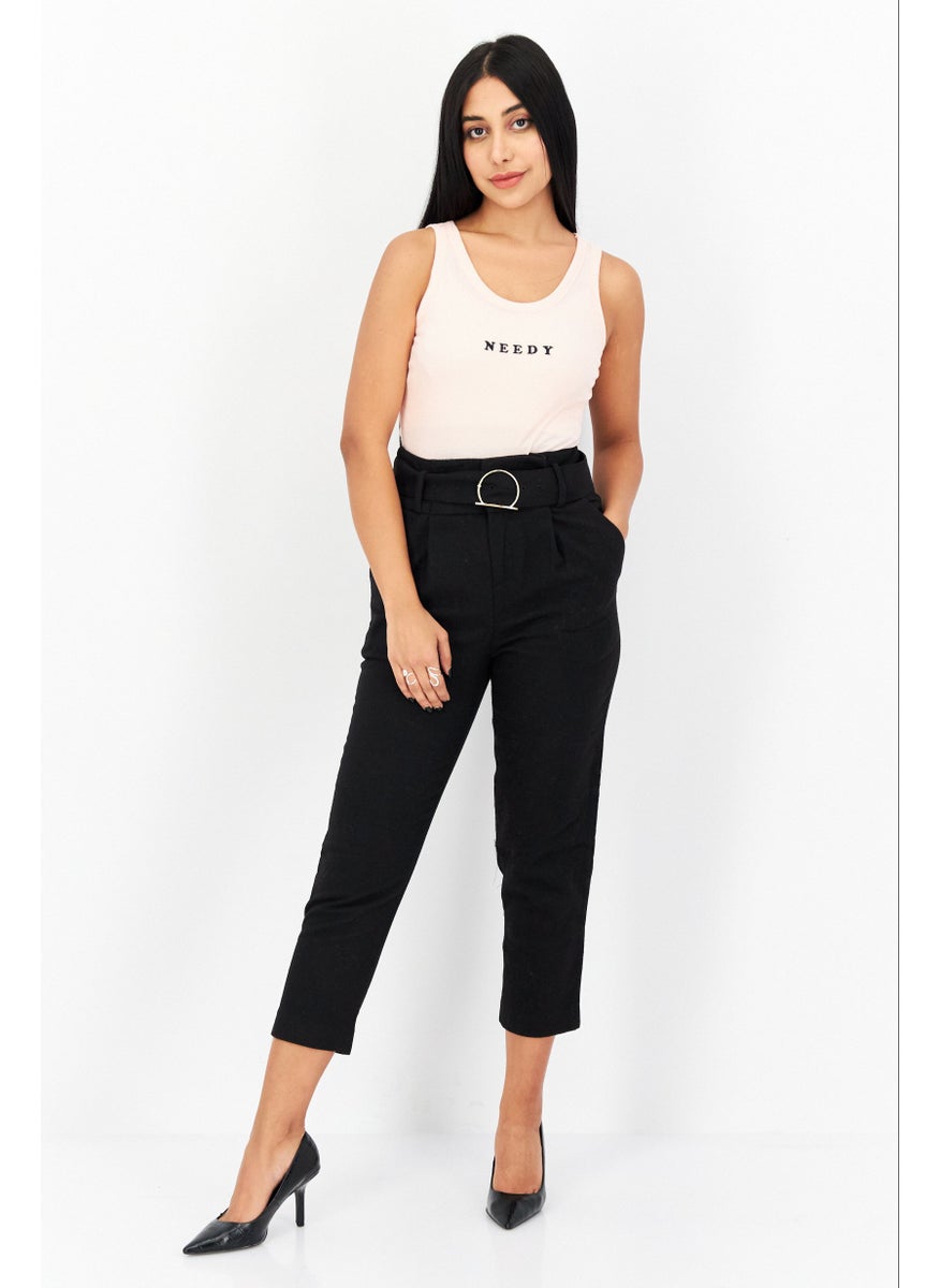 Women  Plain Belted Straight Leg Pant, Black