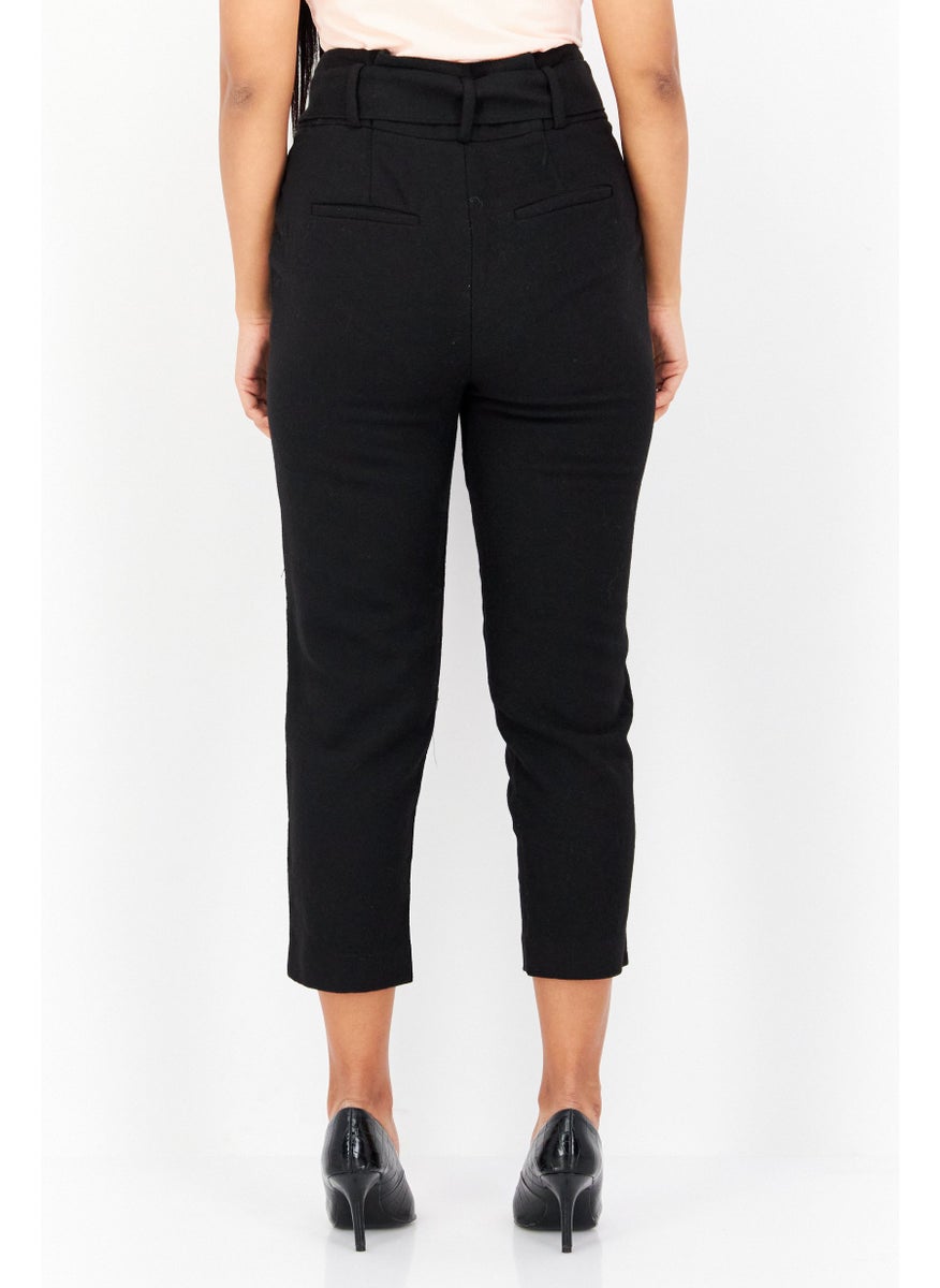 Women  Plain Belted Straight Leg Pant, Black