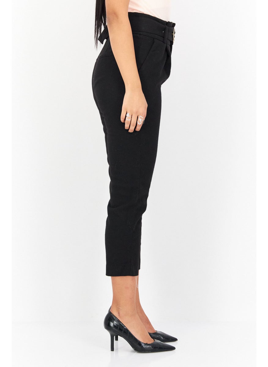 Women  Plain Belted Straight Leg Pant, Black