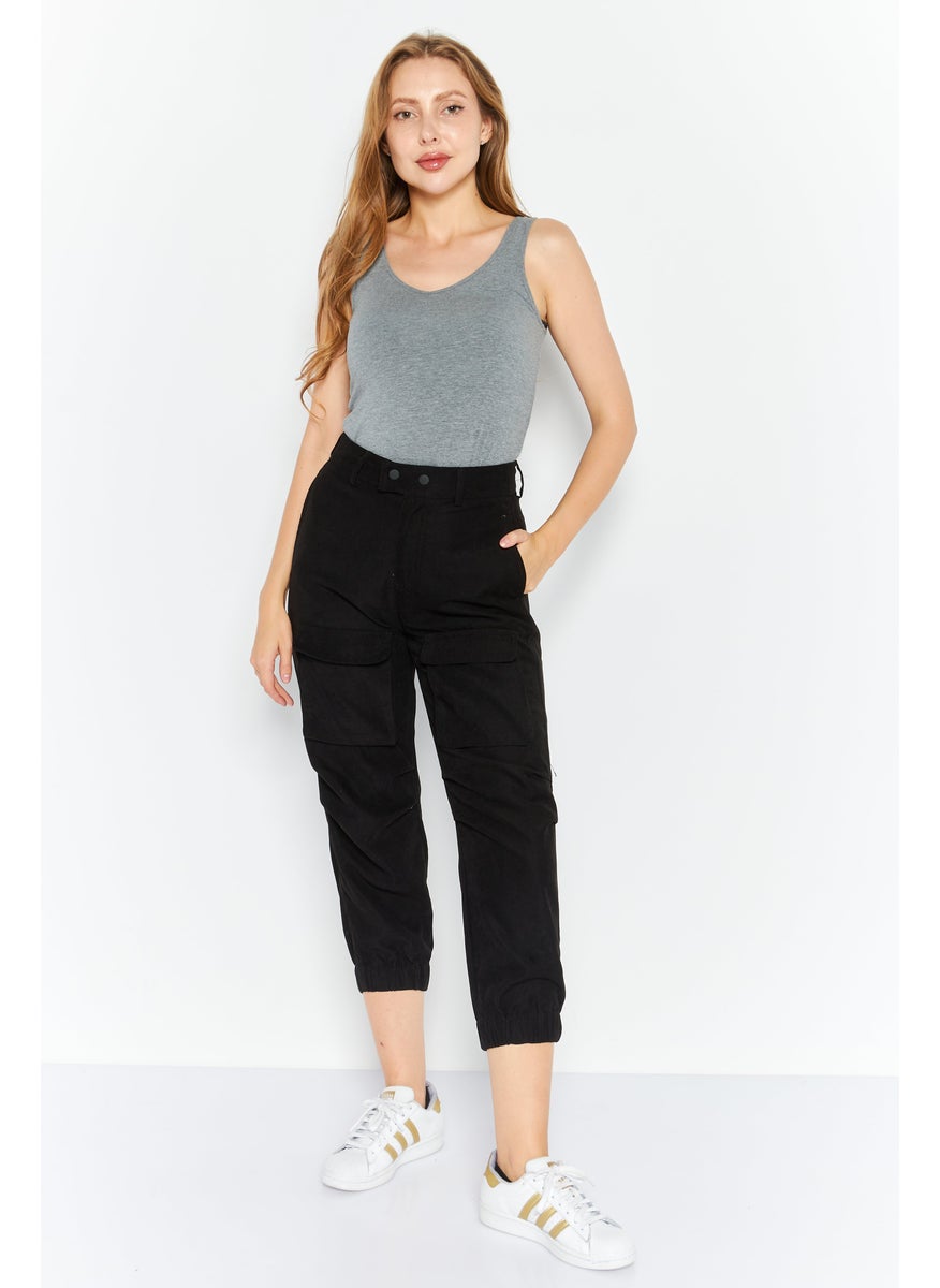 Women Straight Leg Solid Plain Jogger Pants, Black