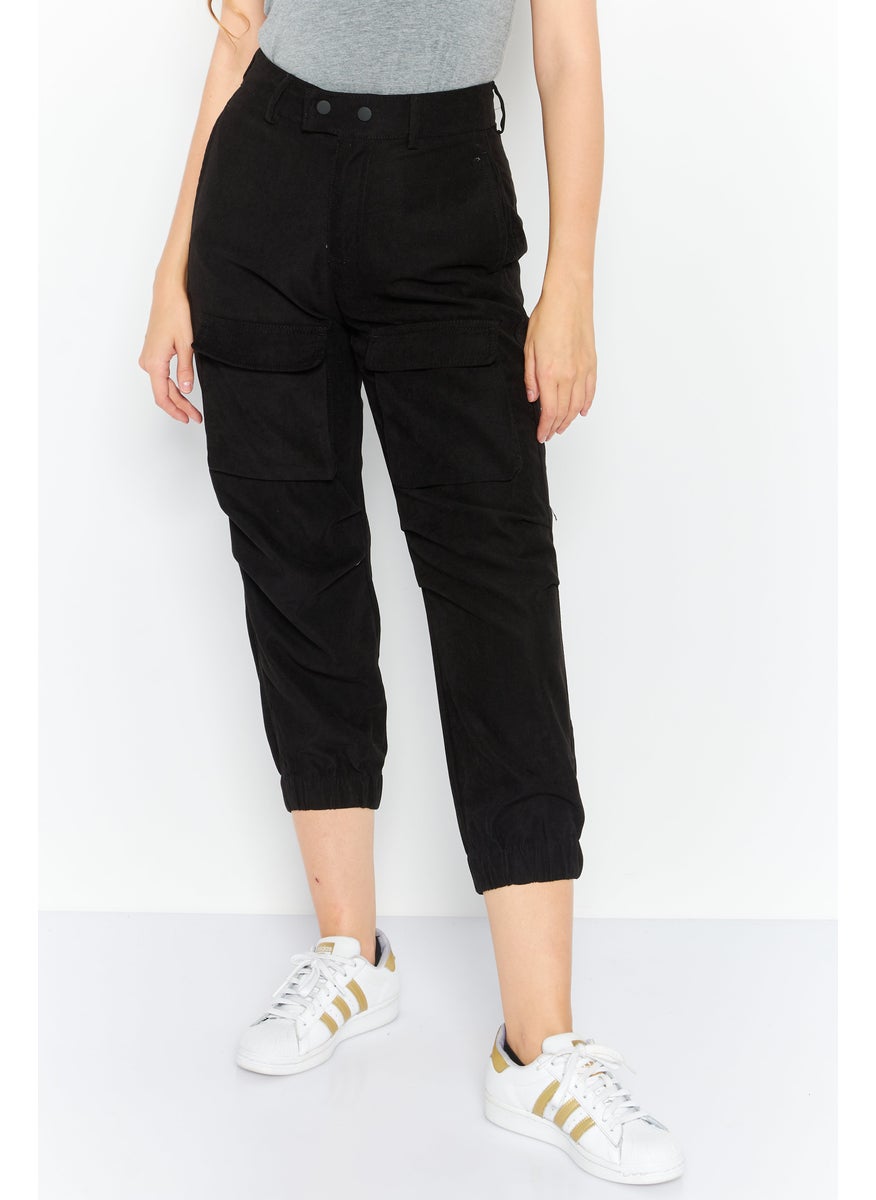 Women Straight Leg Solid Plain Jogger Pants, Black