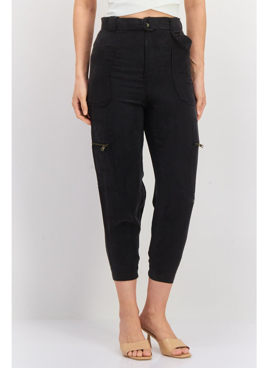 Women Regular Fit Plain Cargo Pants, Black