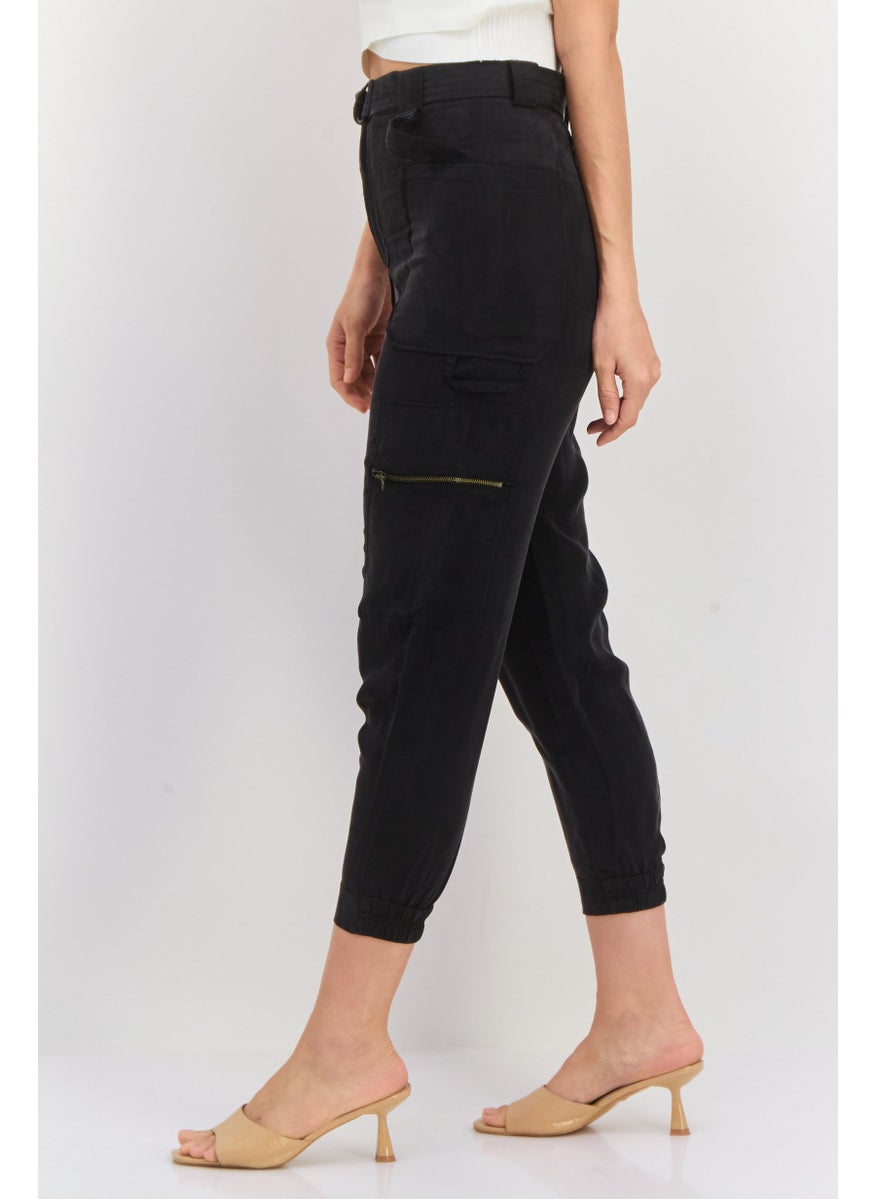 Women Regular Fit Plain Cargo Pants, Black