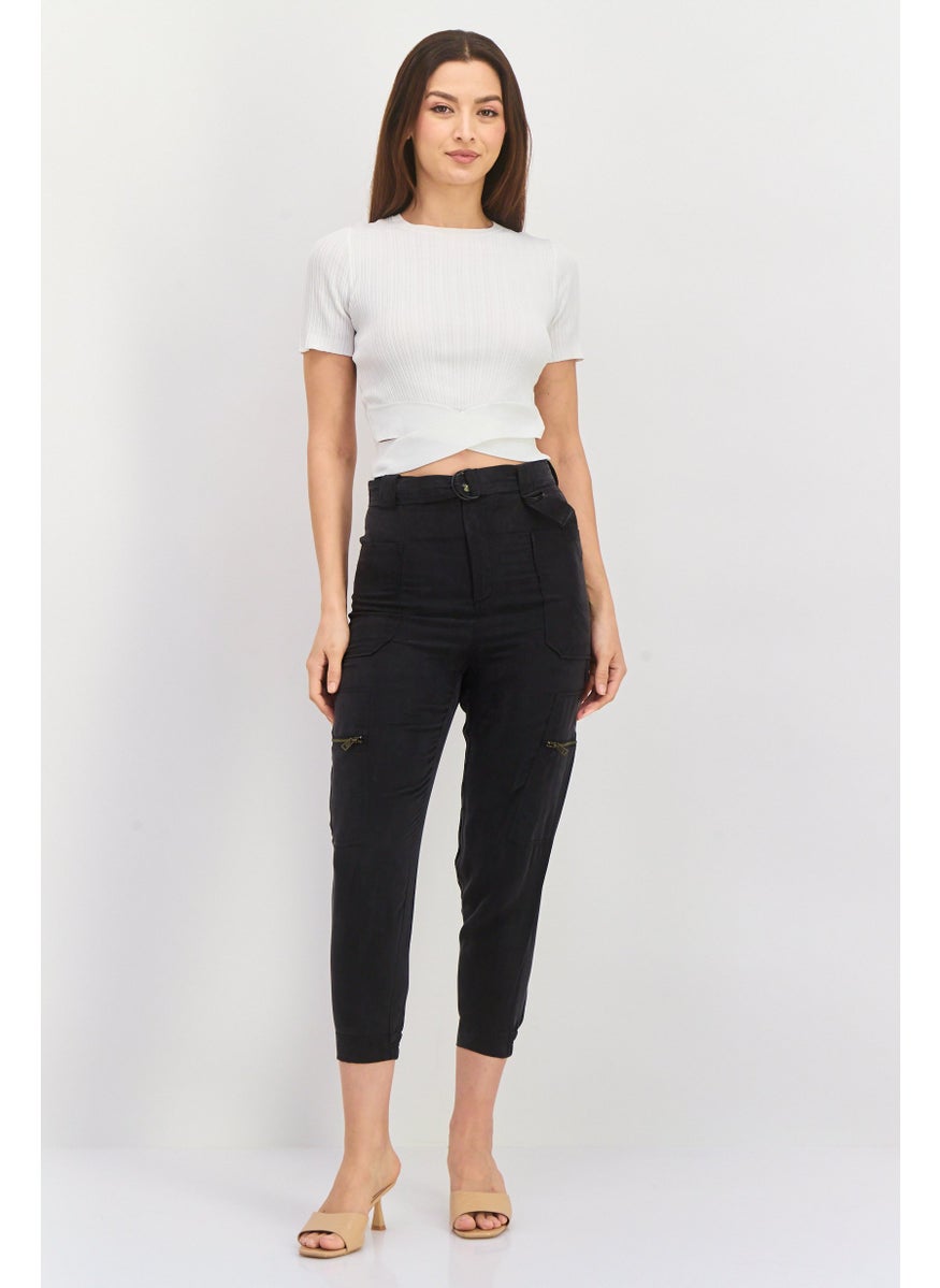 Women Regular Fit Plain Cargo Pants, Black