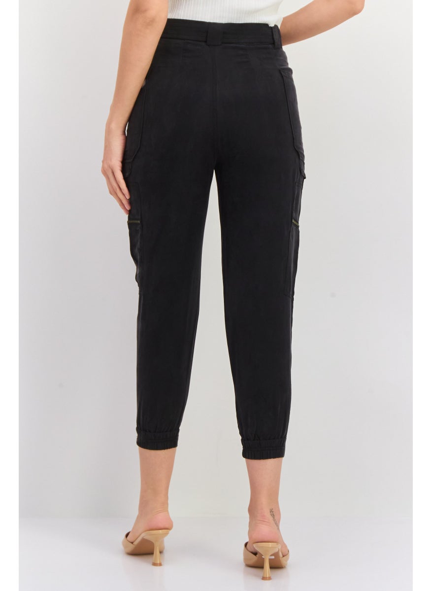 Women Regular Fit Plain Cargo Pants, Black