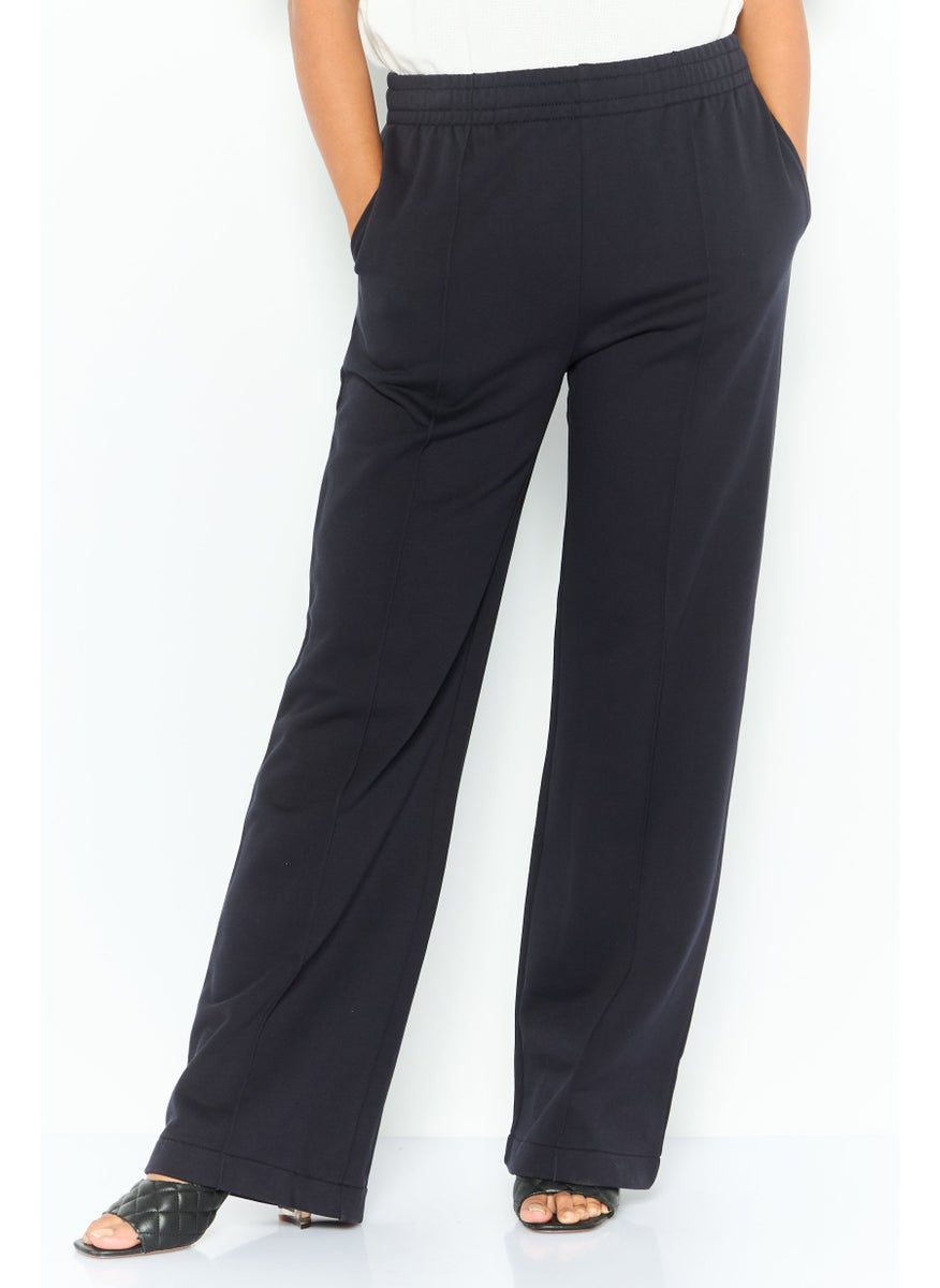 Women Regular Fit Solid Drawstring Straight Pants, Navy
