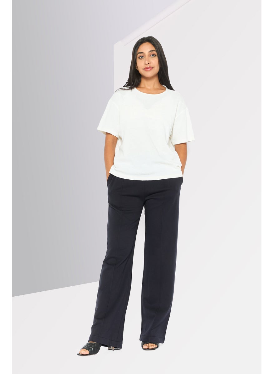 Women Regular Fit Solid Drawstring Straight Pants, Navy