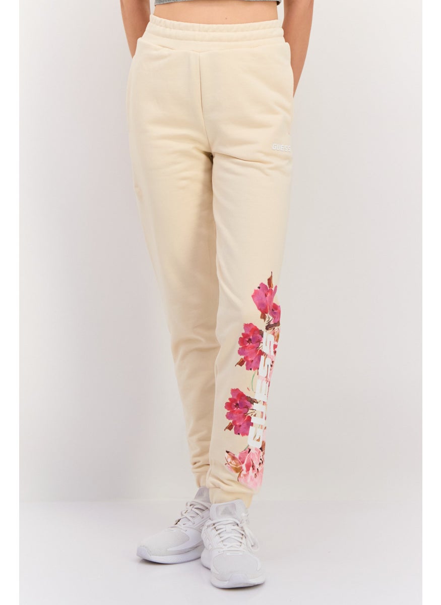 Women Regular Fit Floral Printed Sweatpants, Beige Combo