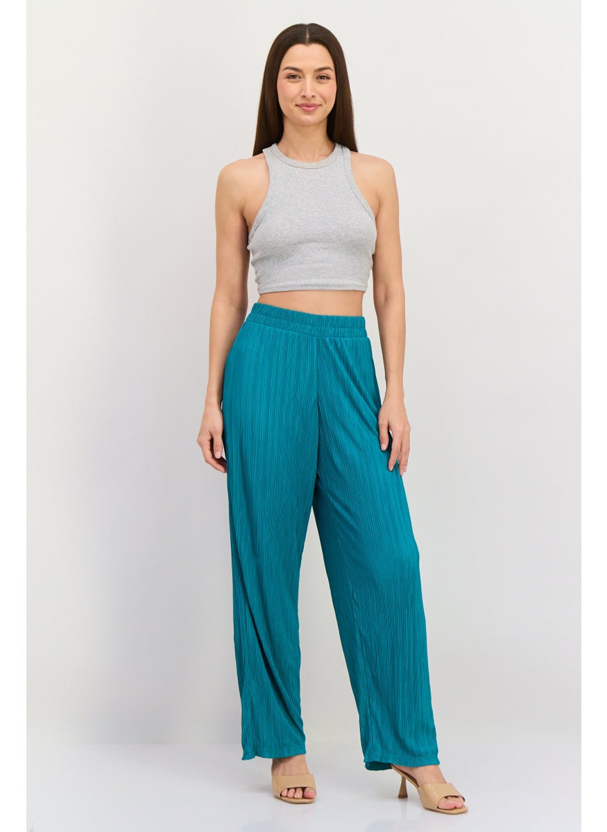 Women Regular Fit Ribbed Straight Leg Pants, Green