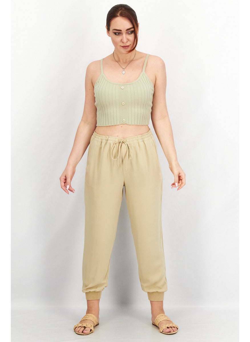 Women Regular Fit Plain Drawstring Jogger Pant, Beige