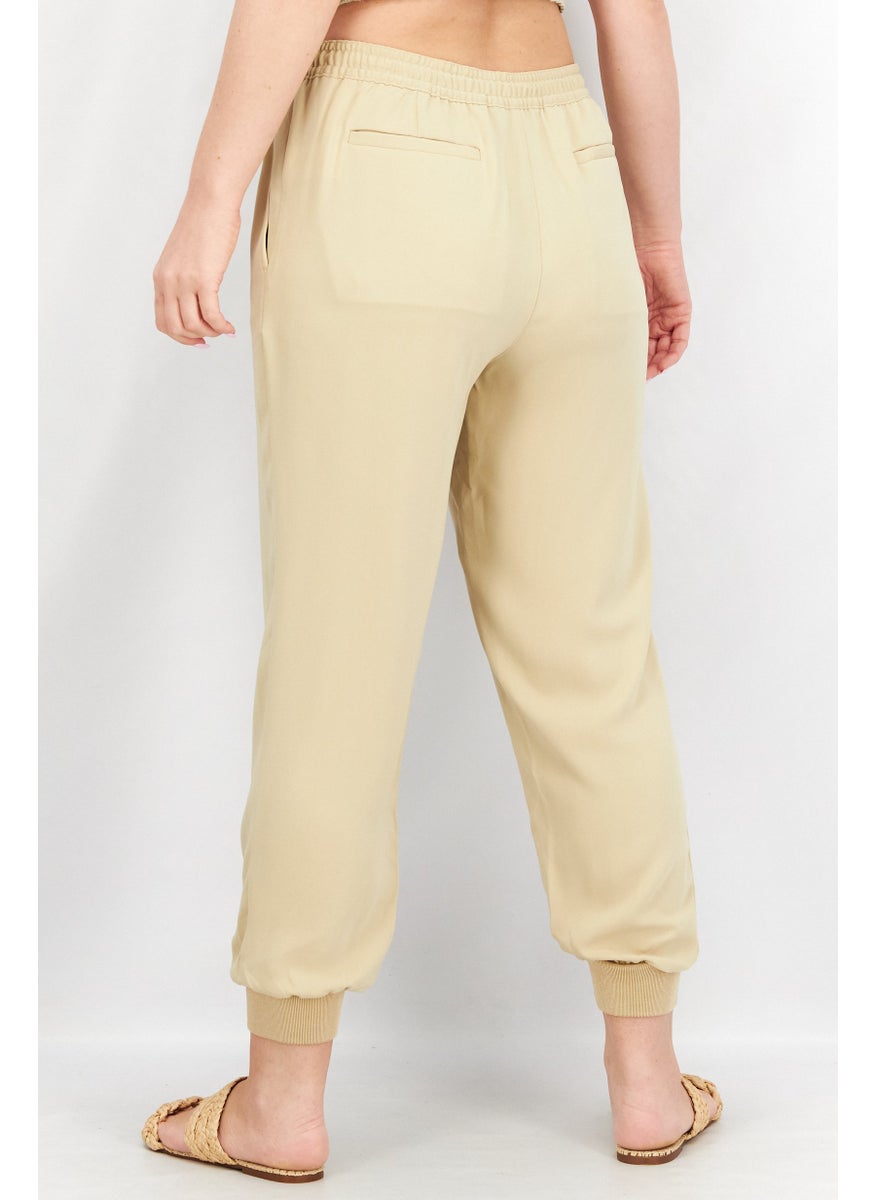 Women Regular Fit Plain Drawstring Jogger Pant, Beige