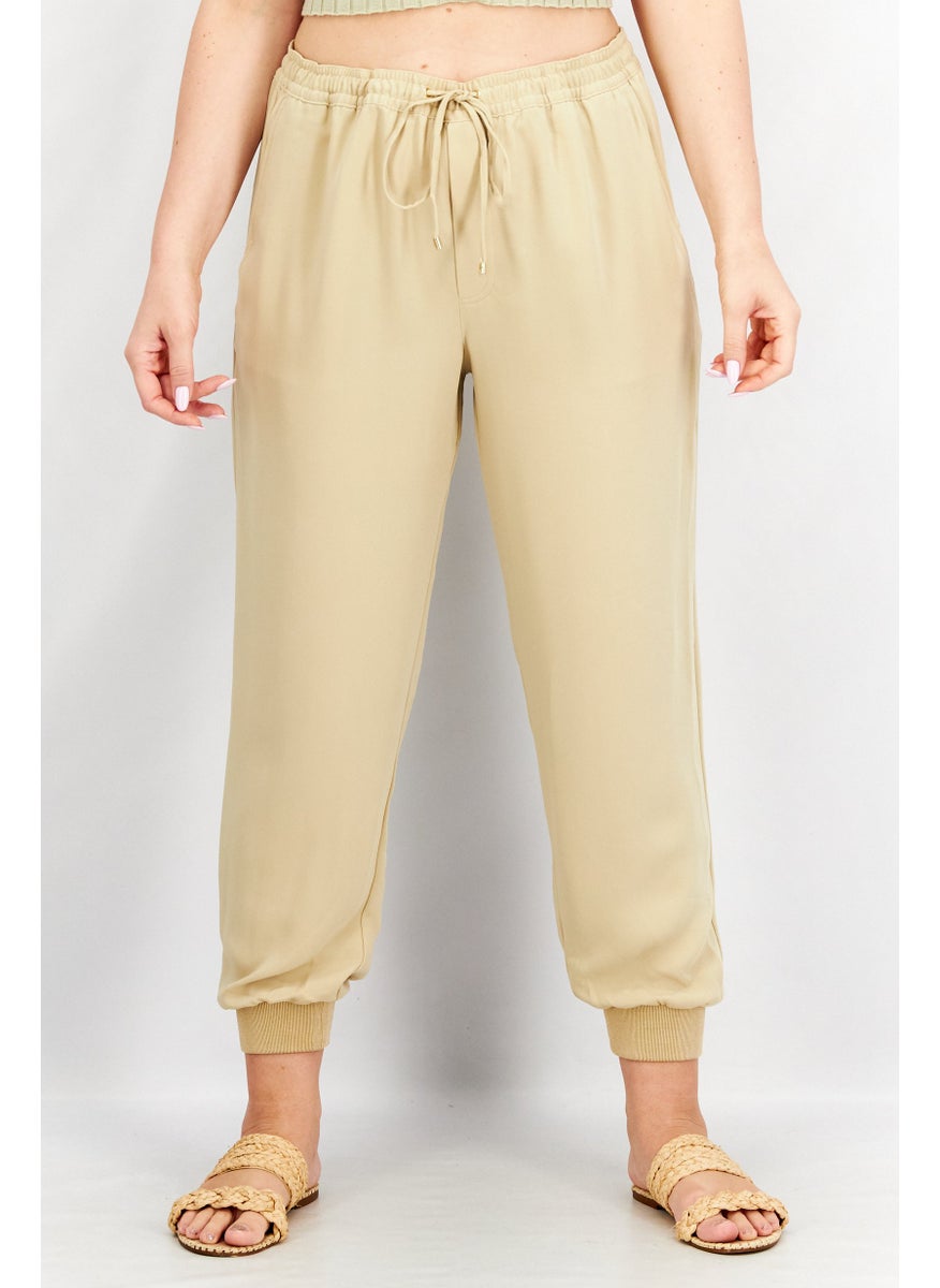 Women Regular Fit Plain Drawstring Jogger Pant, Beige
