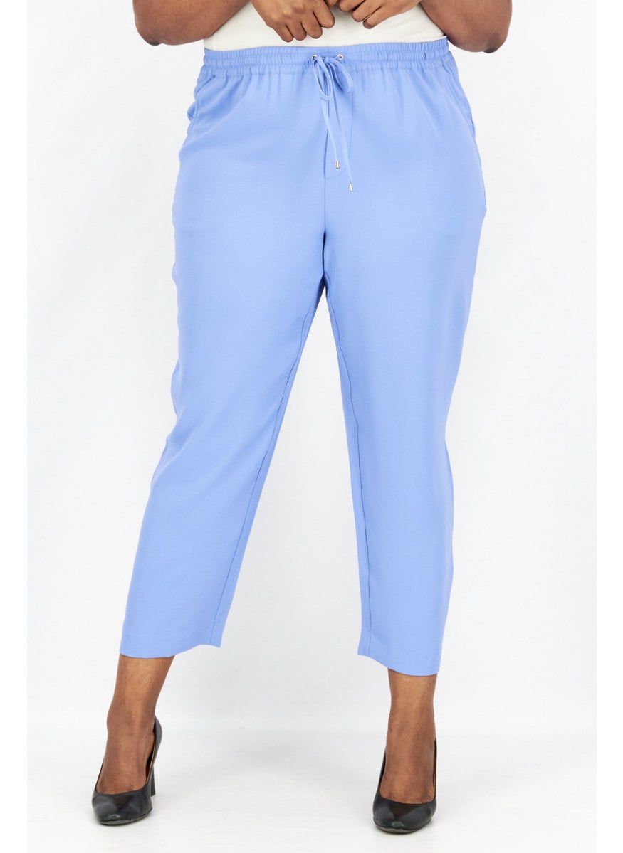 Women Regular Fit Plain Drawstring Pants, Blue Loch