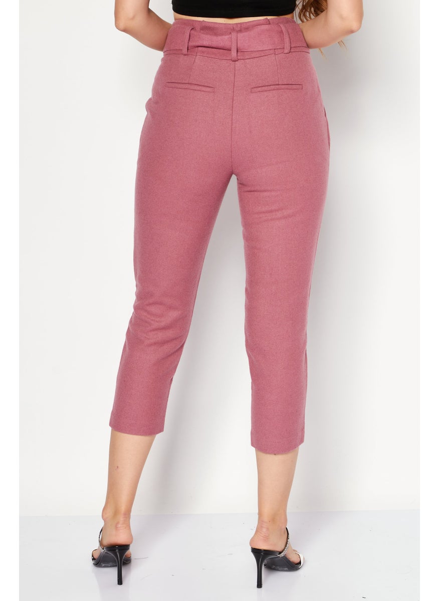 Women Solid Belted Capri Pants, Dusty Pink