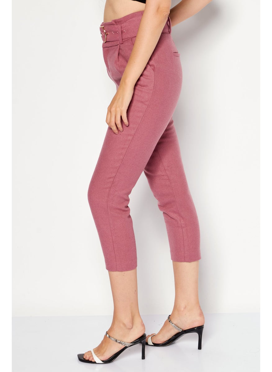 Women Solid Belted Capri Pants, Dusty Pink