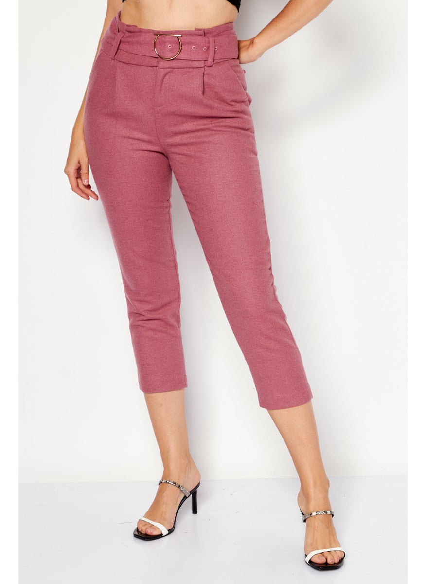 Women Solid Belted Capri Pants, Dusty Pink