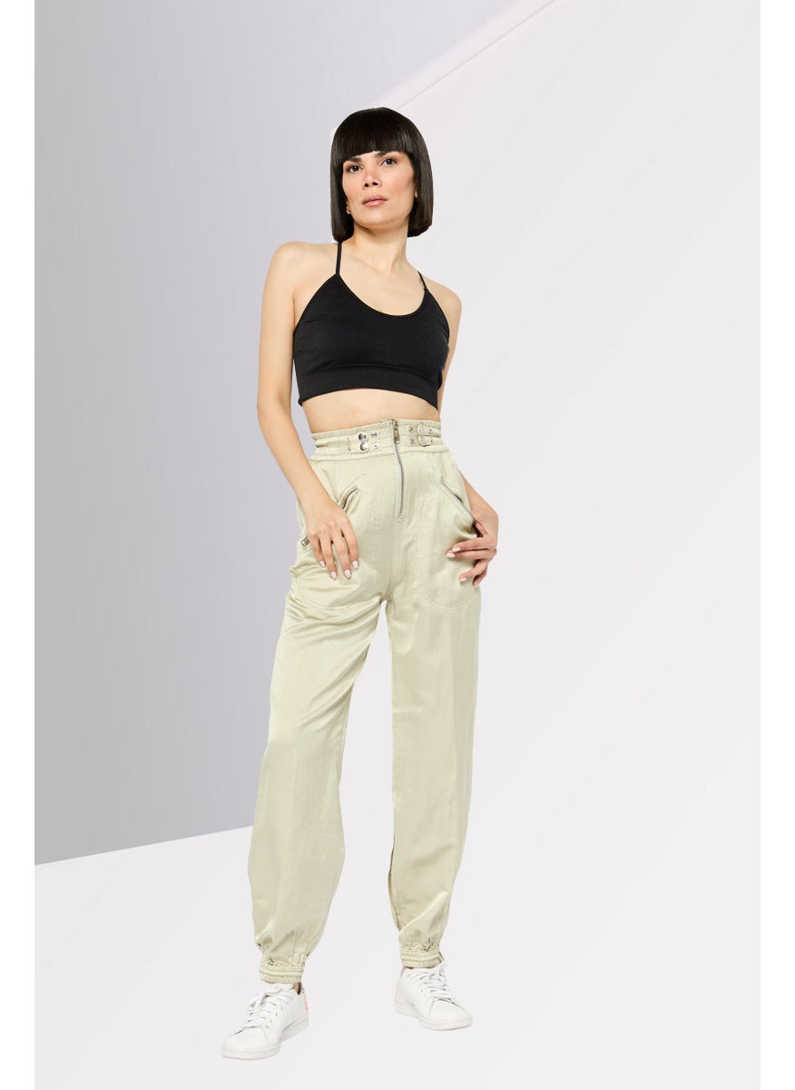 Women Regular Fit High Waist Plain Straight Leg , Light Olive