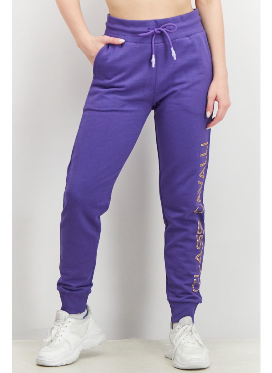 Women Regular Fit Drawstring Studded Print Pants, Violet