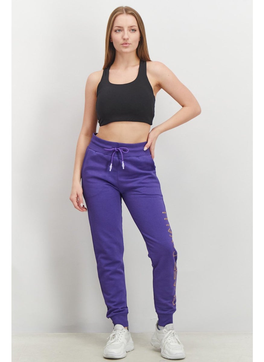 Women Regular Fit Drawstring Studded Print Pants, Violet