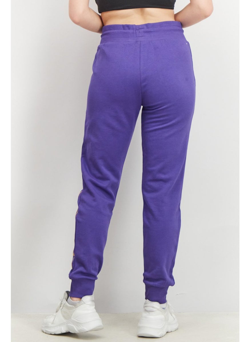 Women Regular Fit Drawstring Studded Print Pants, Violet