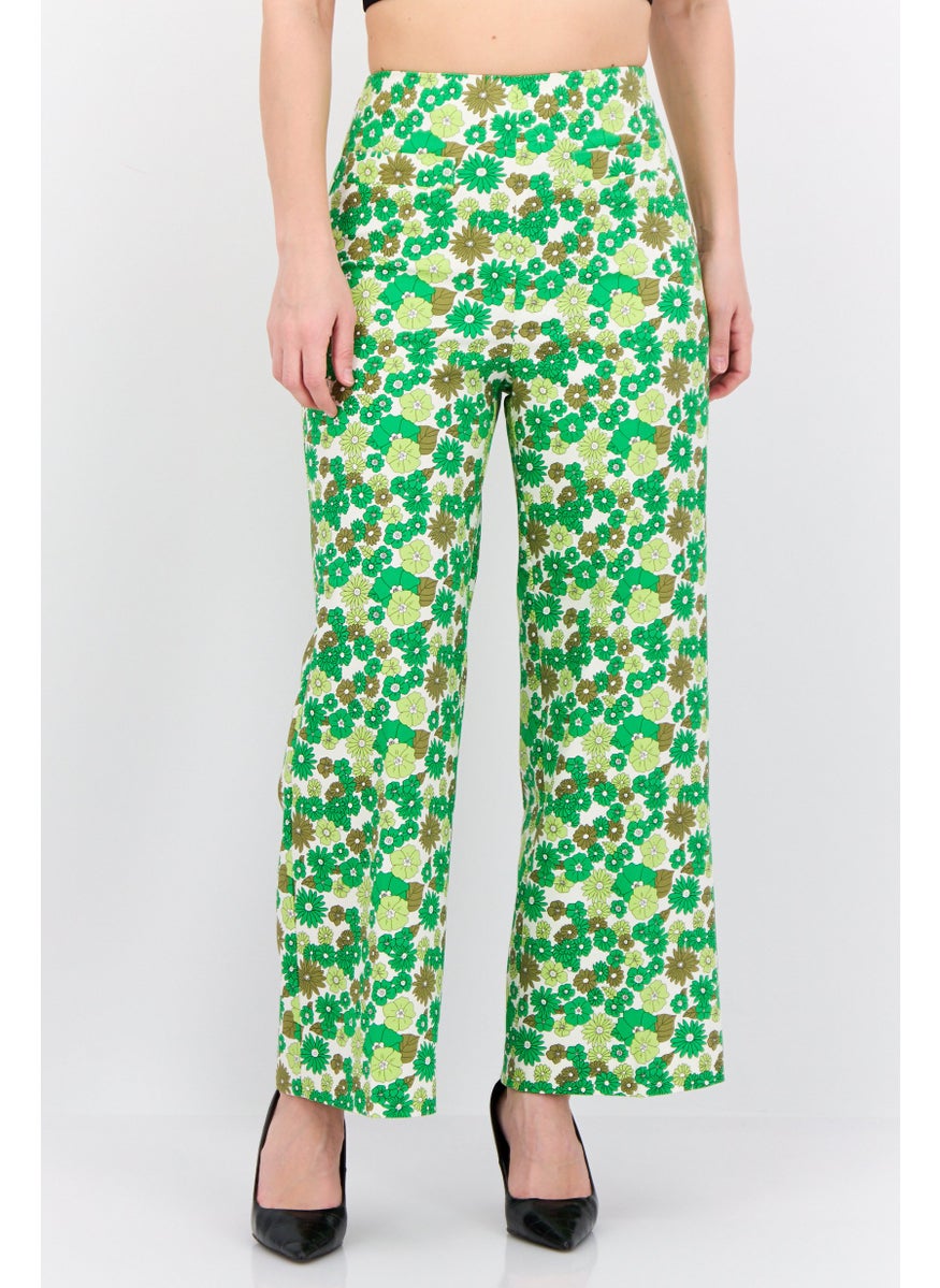 Women Regular Fit Floral Printed Straight Leg  Pants, Green Combo