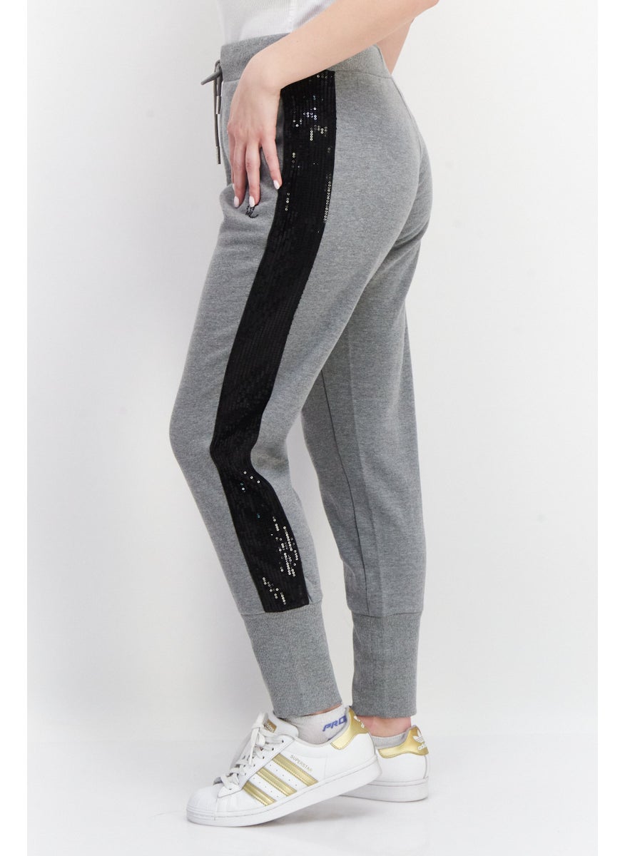 Women Drawstrings Wide Cuff Brand Logo Jogger Pants, Grey