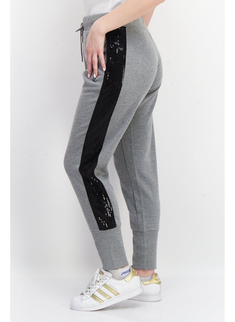 Women Drawstrings Wide Cuff Brand Logo Jogger Pants, Grey