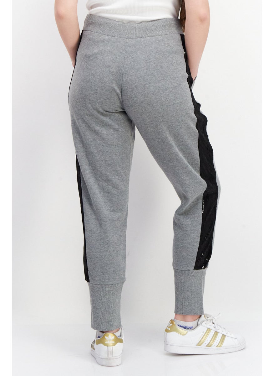 Women Drawstrings Wide Cuff Brand Logo Jogger Pants, Grey