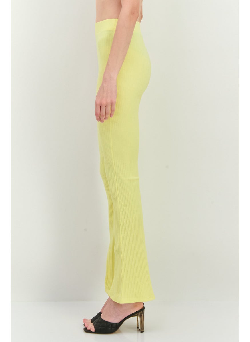 Women Regular Fit Ribbed Flare Leg Pants, Yellow