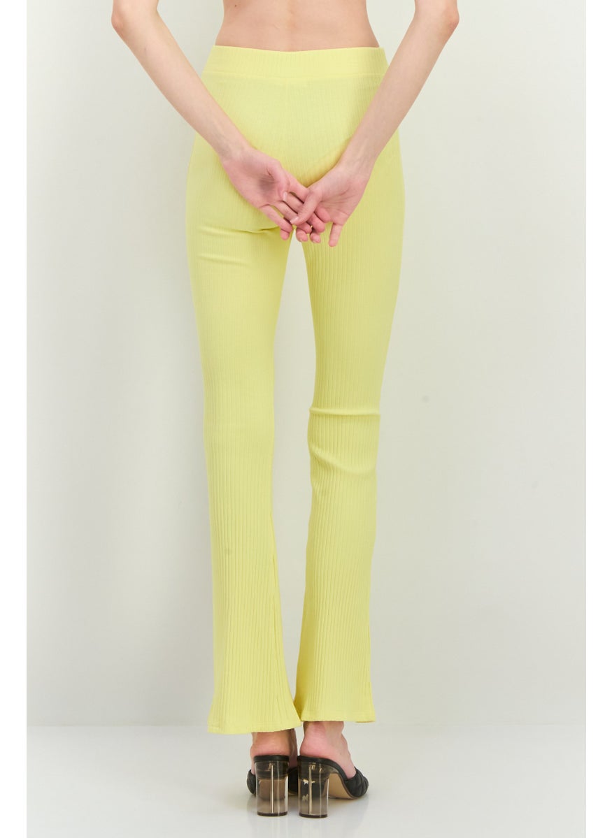 Women Regular Fit Ribbed Flare Leg Pants, Yellow