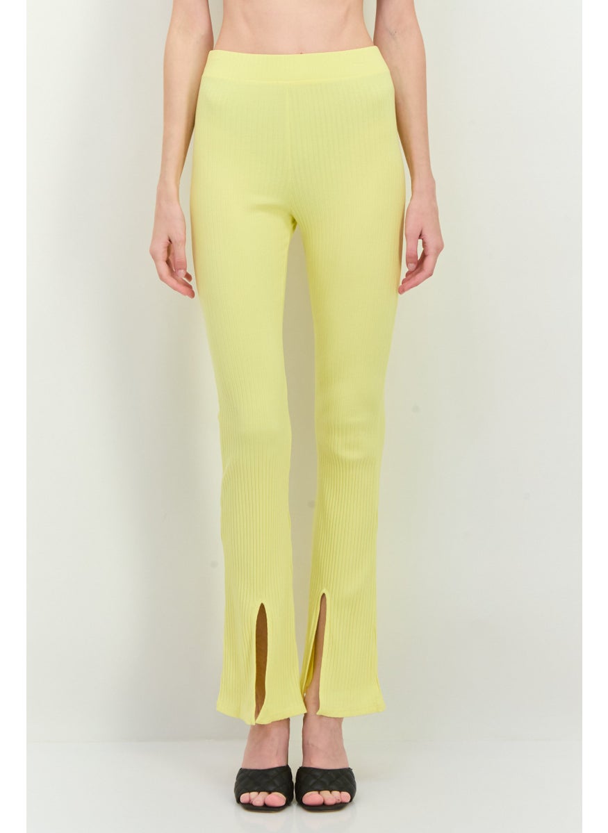 Women Regular Fit Ribbed Flare Leg Pants, Yellow