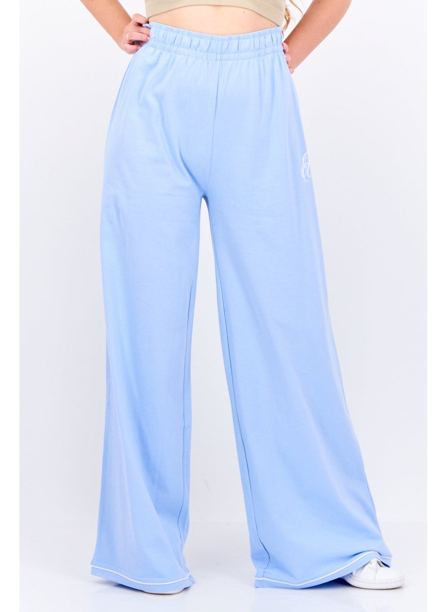 Women Loose Fit Brand Logo Wide Leg Pants, Light Blue