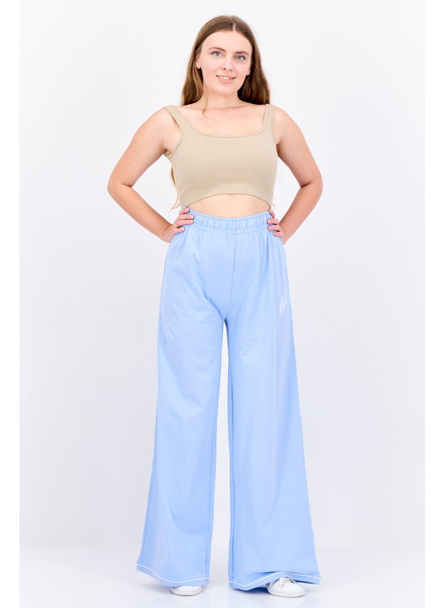 Women Loose Fit Brand Logo Wide Leg Pants, Light Blue
