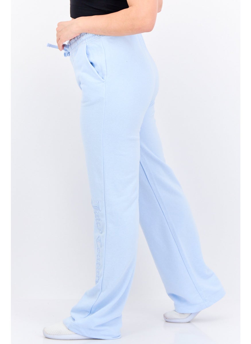 Women Regular Fit Embroidered Logo Straight Leg Pants, Light Blue