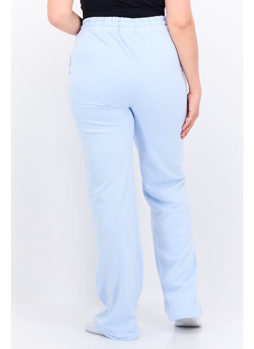 Women Regular Fit Embroidered Logo Straight Leg Pants, Light Blue