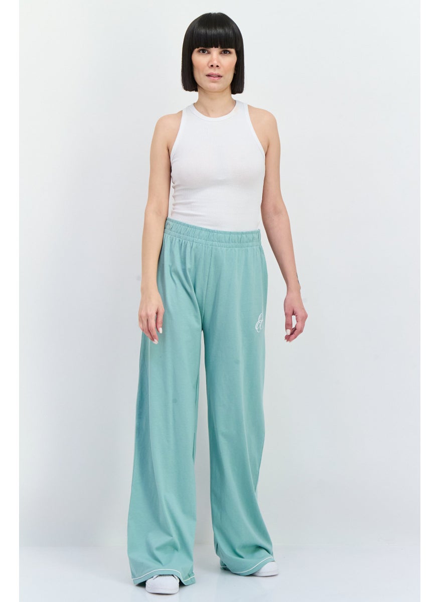 Women Regular Fit Wide Leg Brand Logo Palazo  Pants, Sage Green